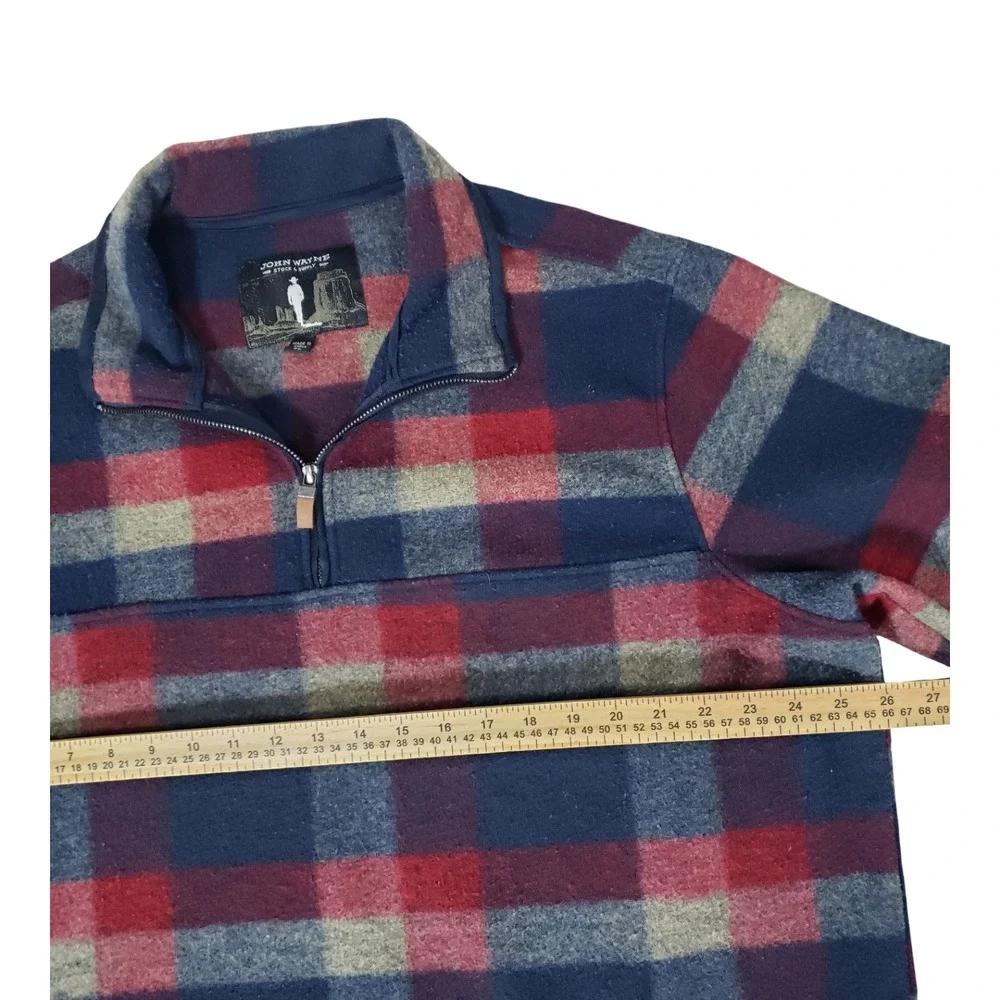 John Wayne Stock & Supply Mens XL Plaid Quarter Zip Fleece Pullover Navy Red